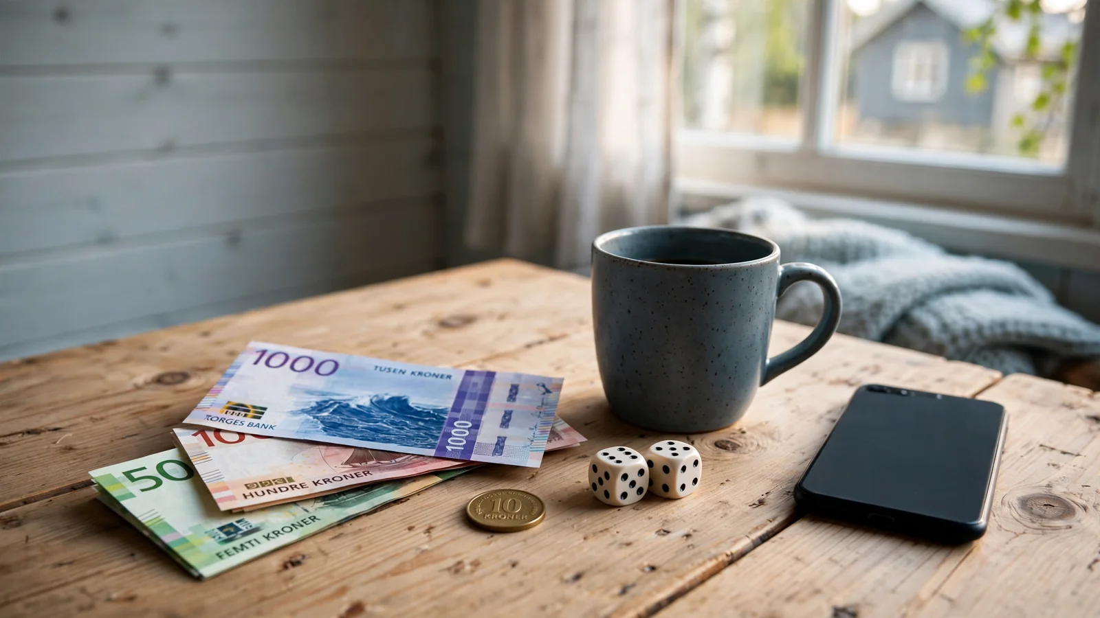 Norske kroner sedler, mynt og terninger på et trebord
