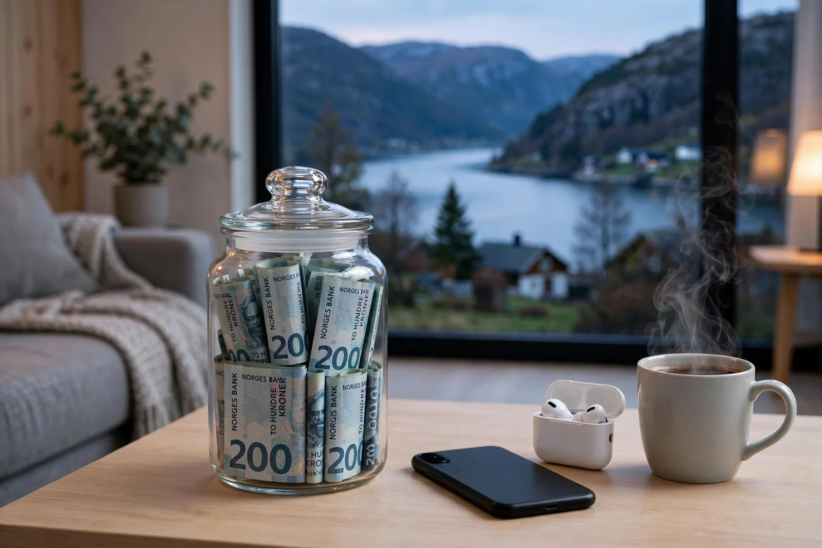 Glassboks med to hundre kroner på et kaffebord i en moderne norsk stue