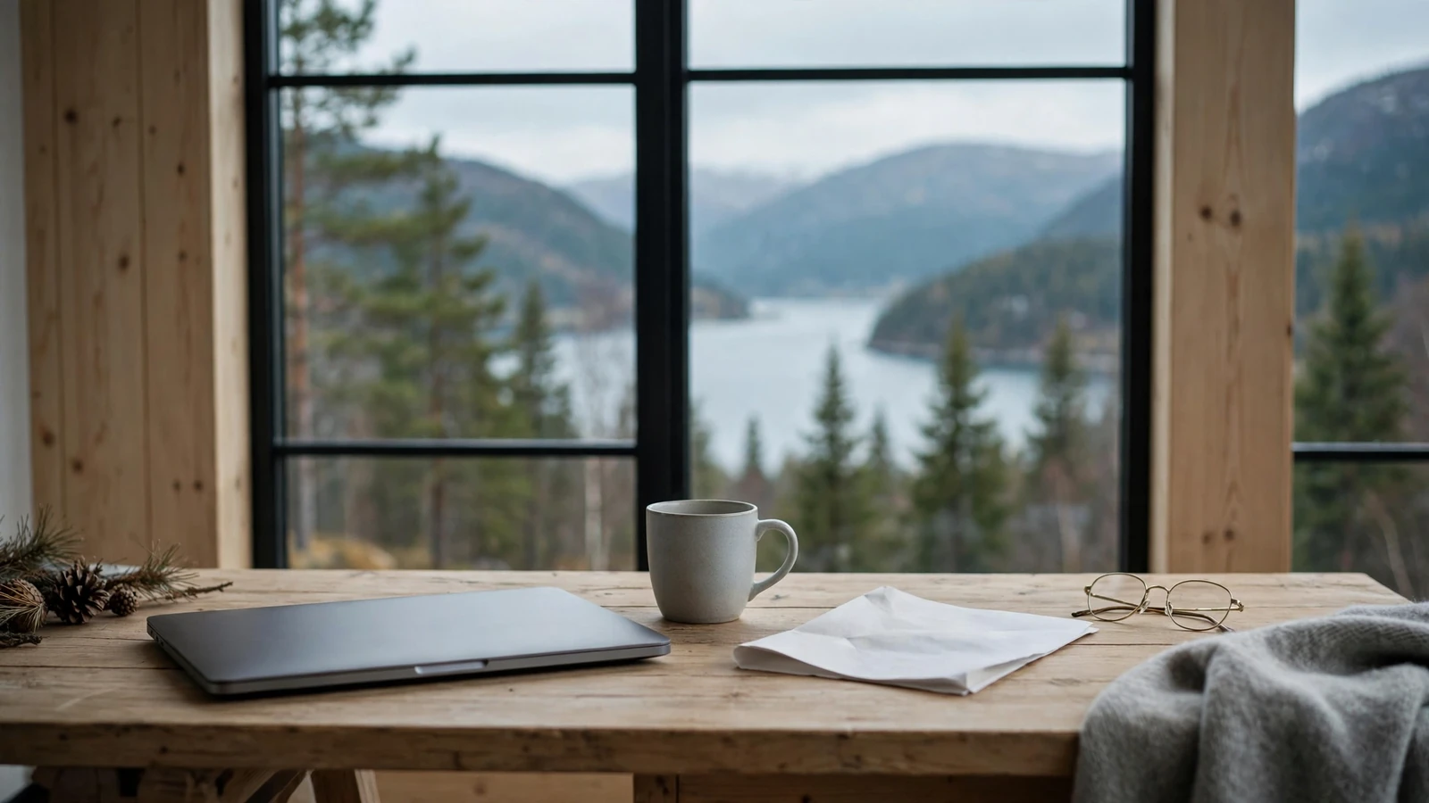 Arbeidsbord med dokumenter og kaffekopp ved vindu mot norsk fjord