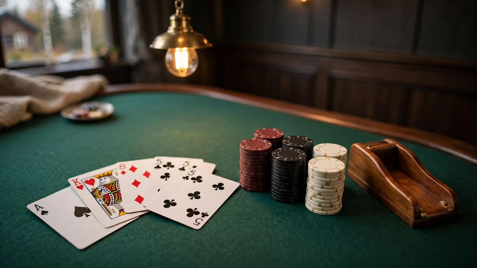 Grønt blackjackbord med kortstokk og jetonger i elegant skandinavisk casino
