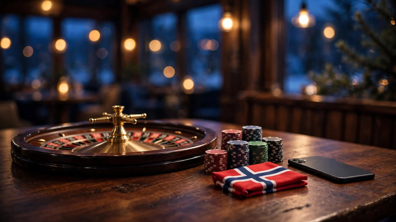 Casino-bord med jetonger, rulett og en telefon med norsk flagg