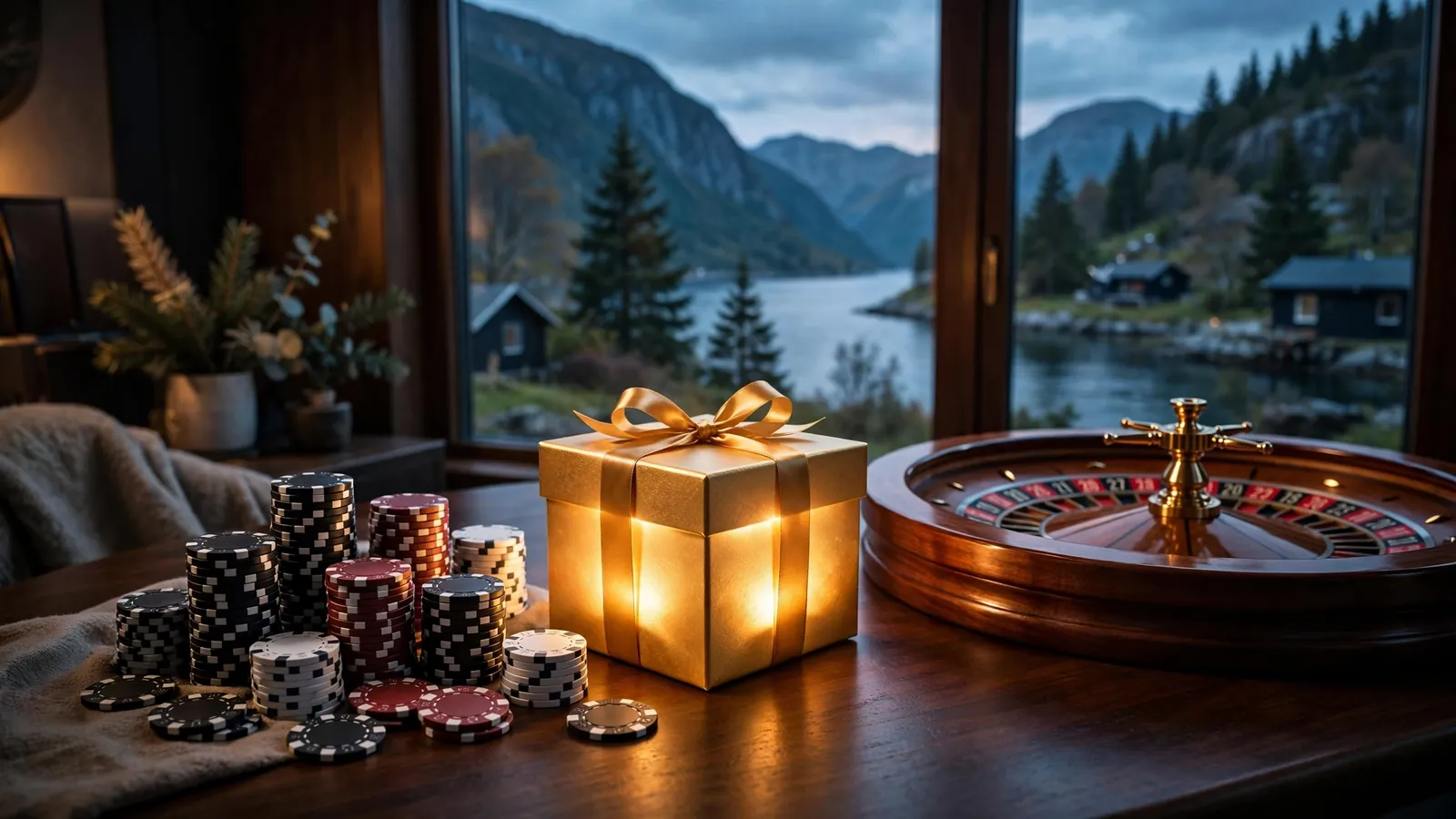 Norsk casinobord med jetonger og gullboks ved fjord