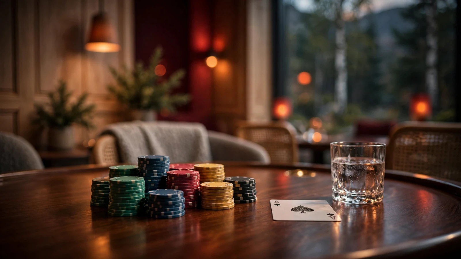 Elegant baccarat-bord med jetonger og kort i et norsk casino