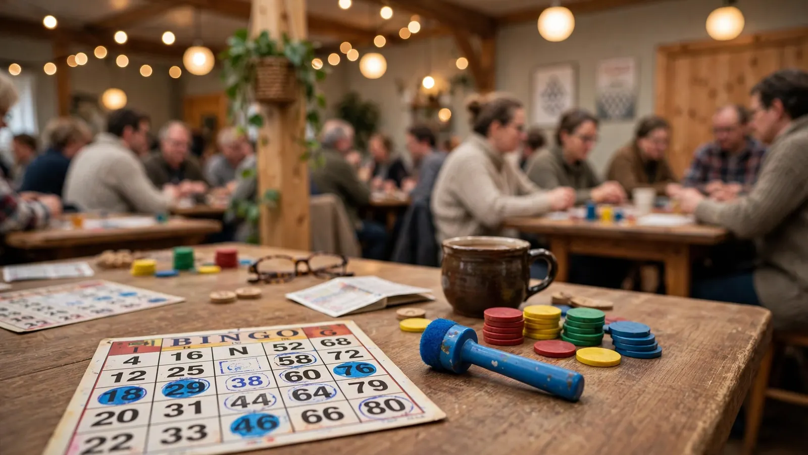 Koselig norsk bingohall med fargerike bingobrett og spillere