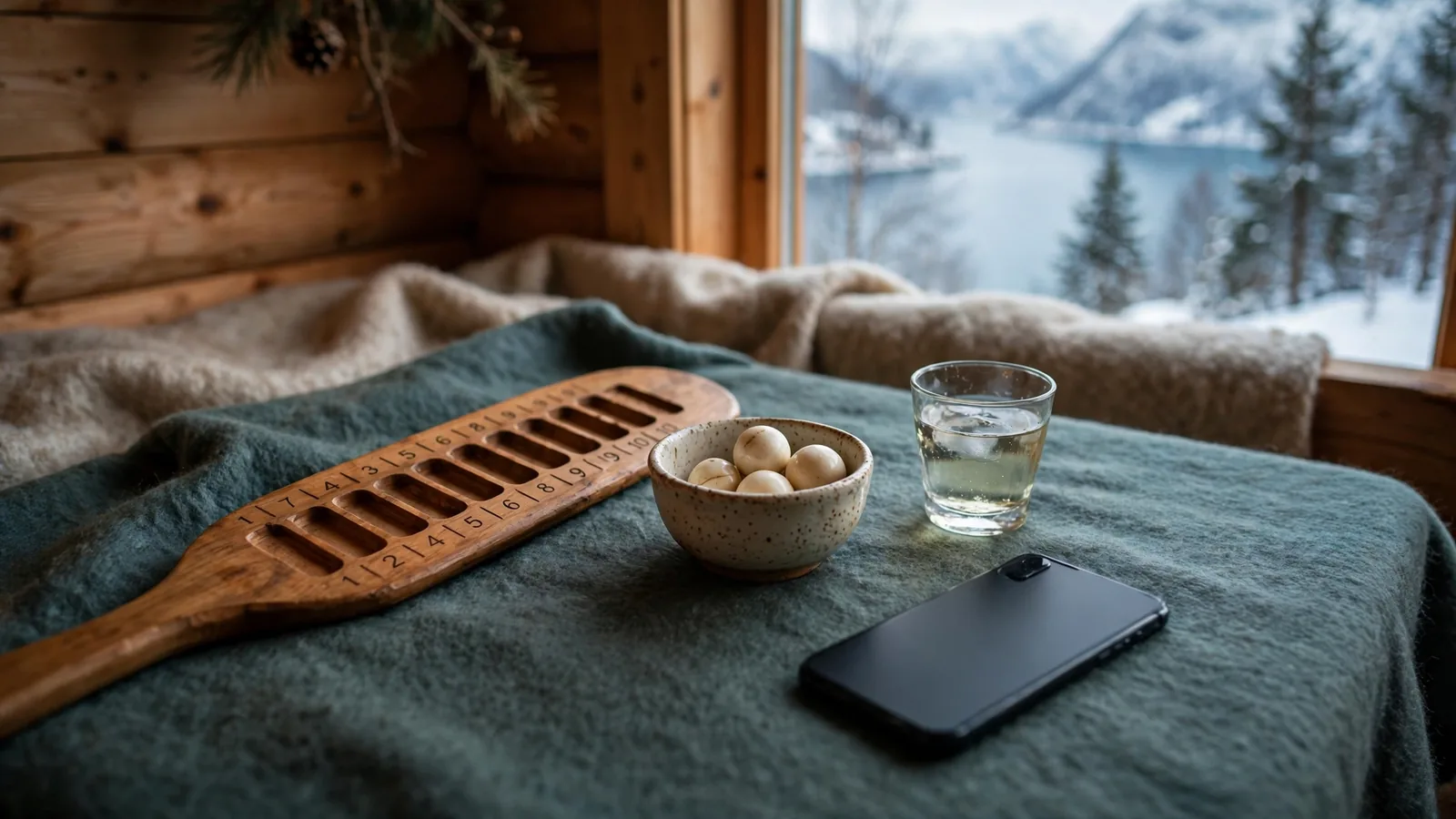Keno-brett med trekte kuler på et norsk bord ved siden av en telefon med skjermen ned