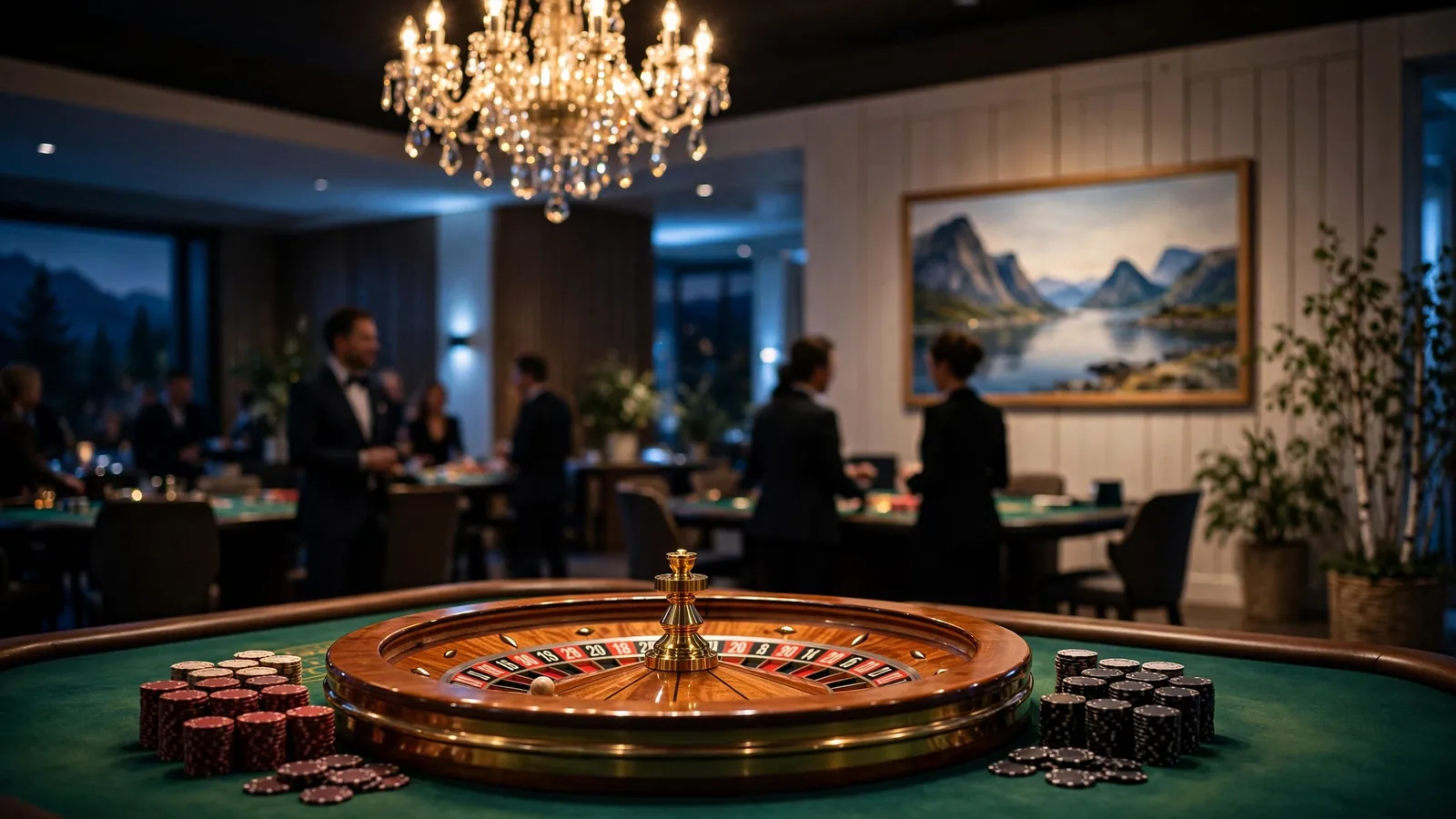 Elegant casinobord med ruletthjul og jetonger i dempet belysning