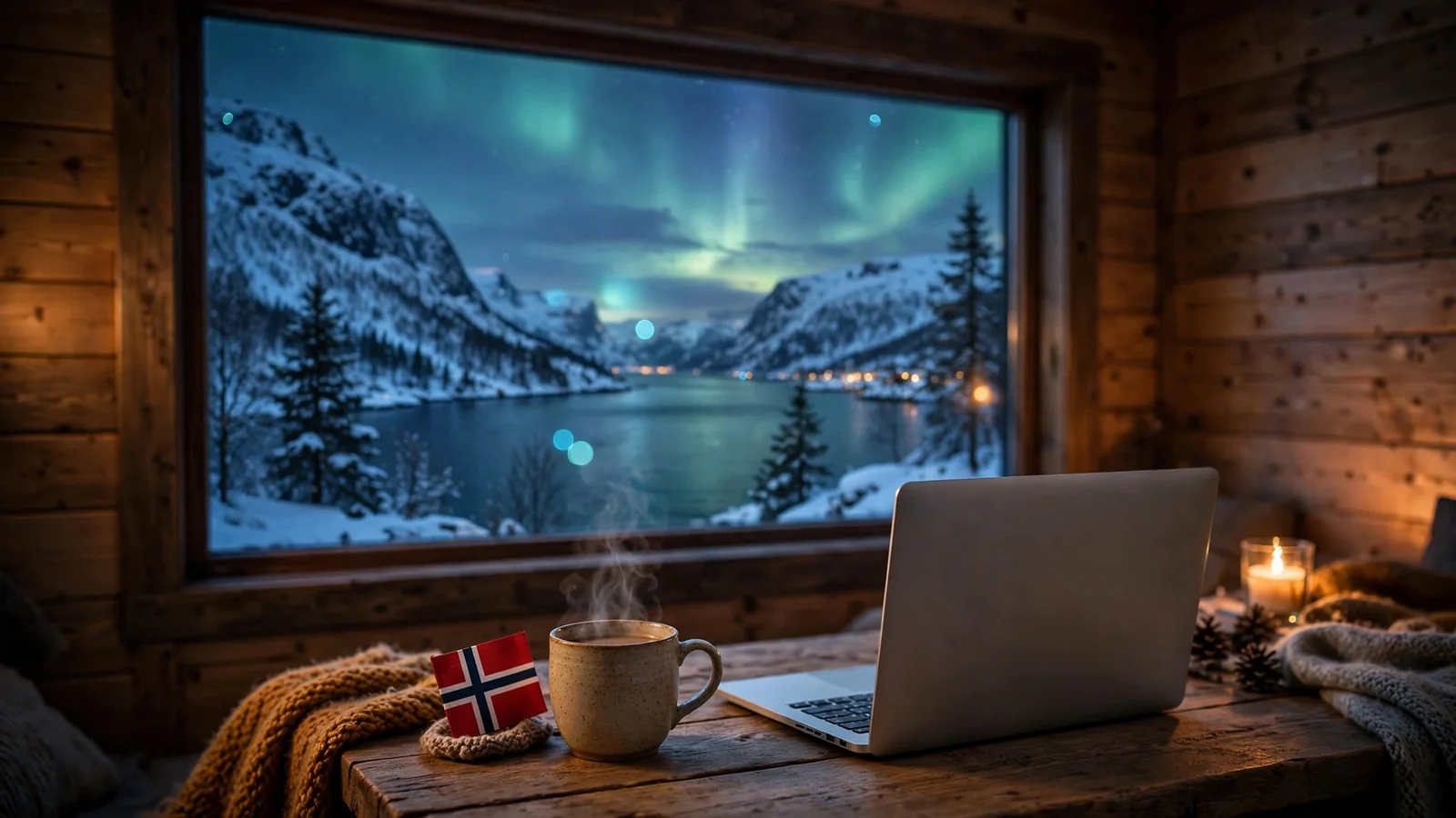 Norsk hytte ved fjord med laptop og nordlys
