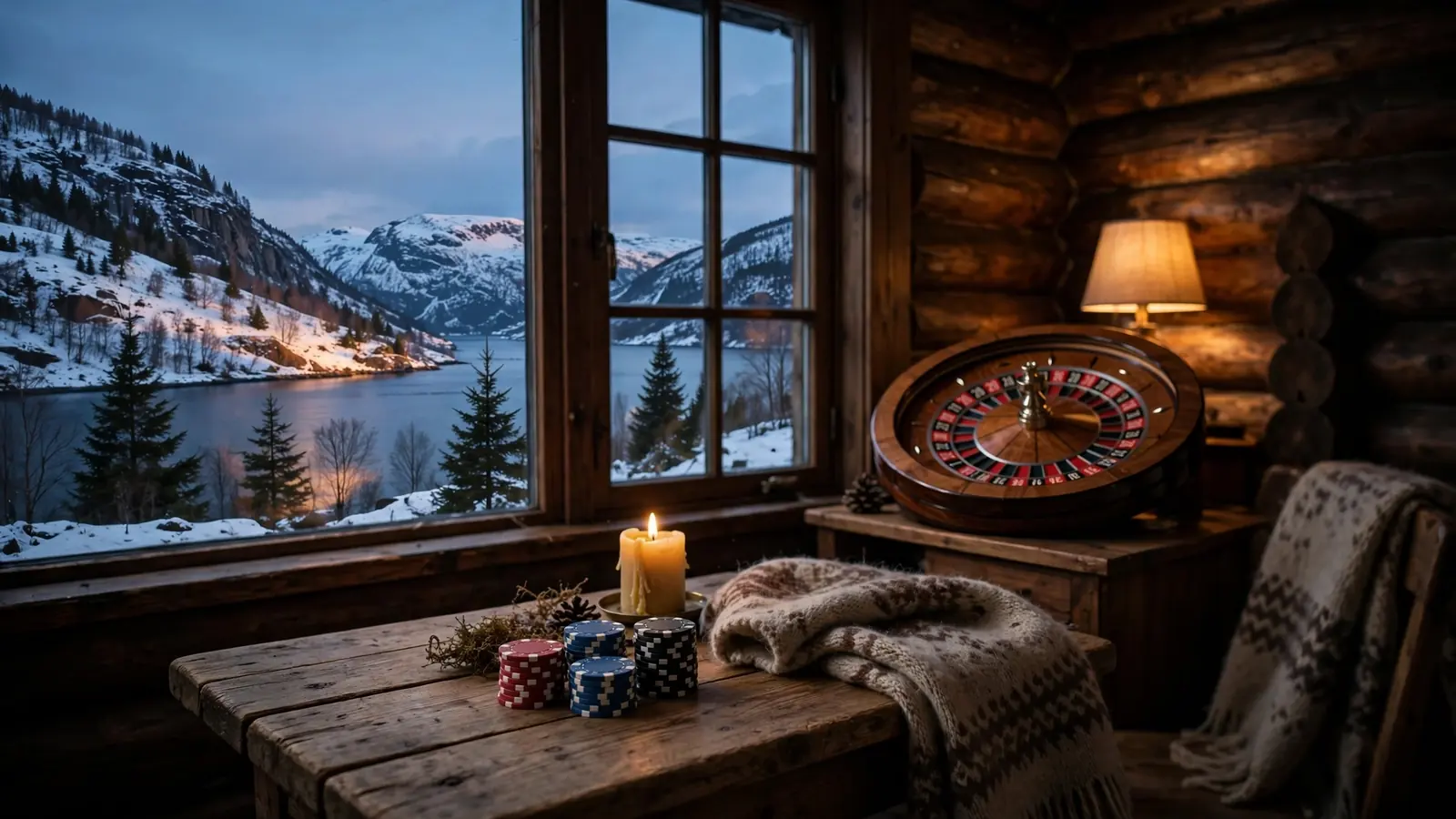 Norsk hytte med pokerjetonger og rulett ved fjord