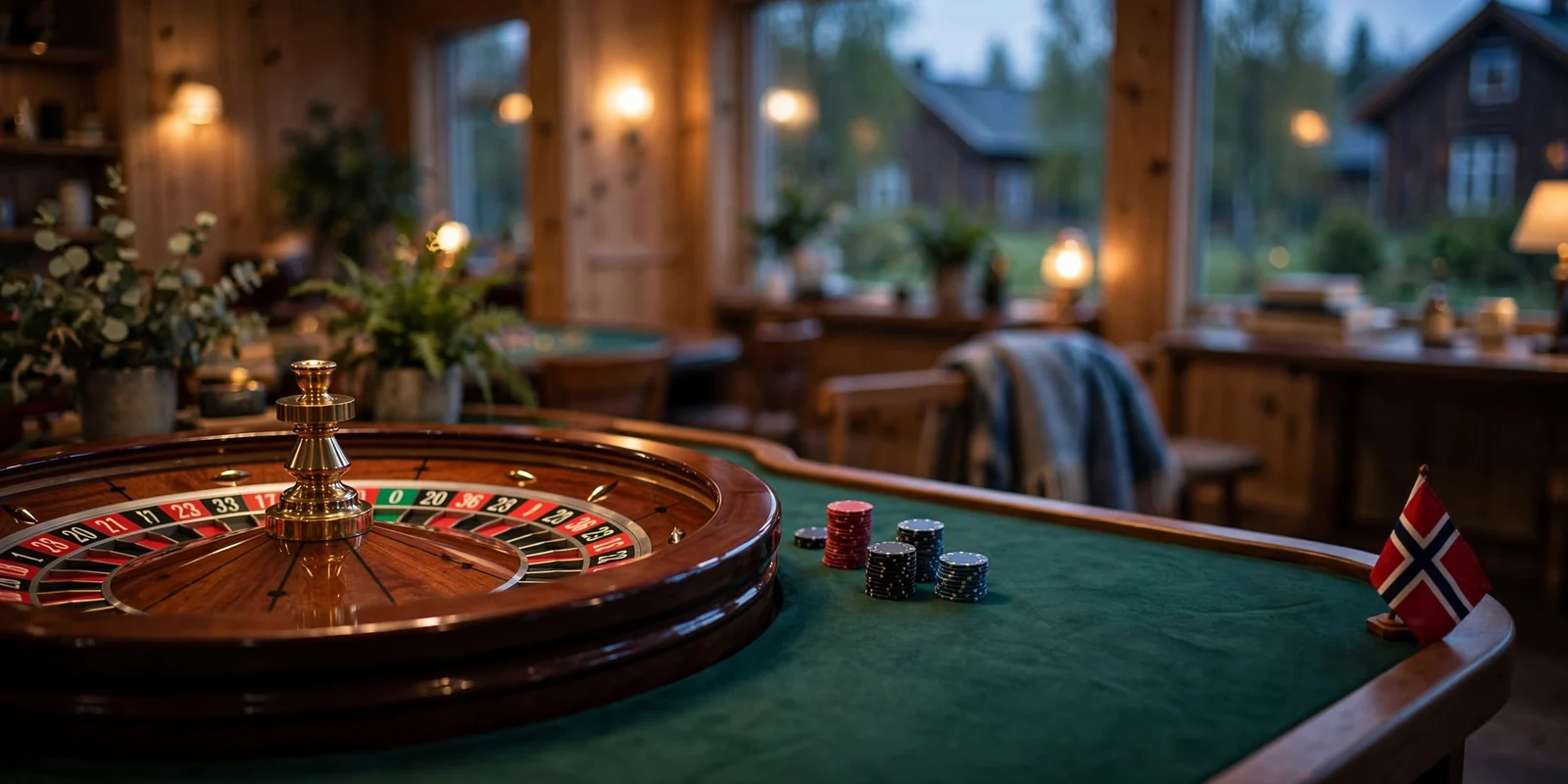 Elegant ruletthjul på et grønt casino-bord med jetonger og dempet belysning