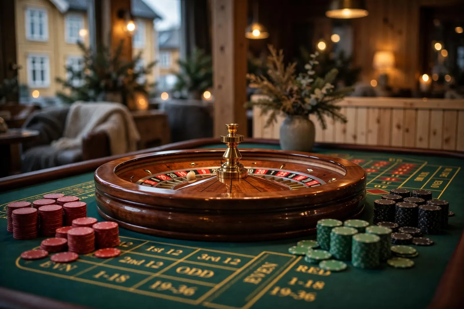 Klassisk roulettebord med hjul og fargerike jetonger i elegant casinoatmosfære