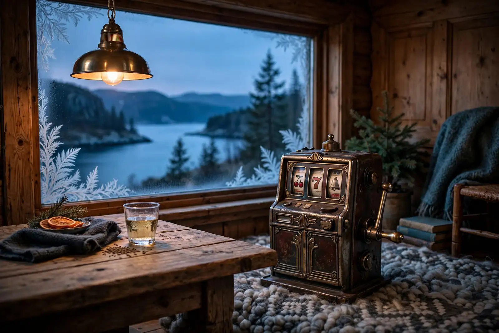 Norsk stue med gammel spilleautomat og akvavit ved skumring