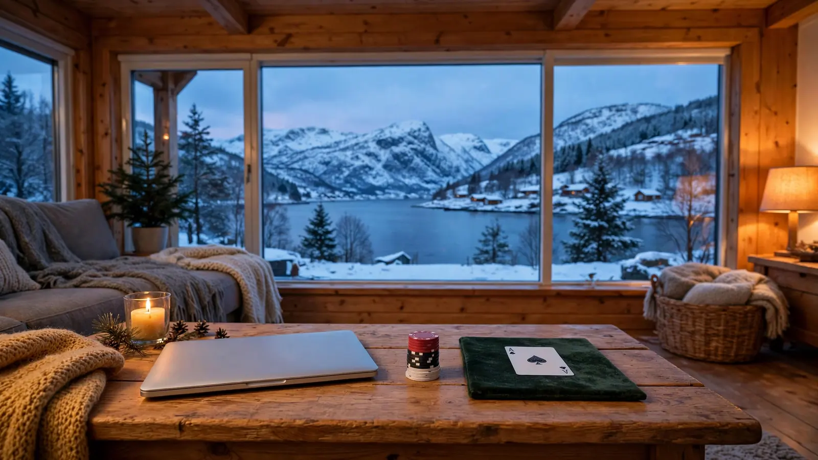 Norsk stue med lukket bærbar pc, casinobrikker og spillkort ved vindu mot fjord i skumring.