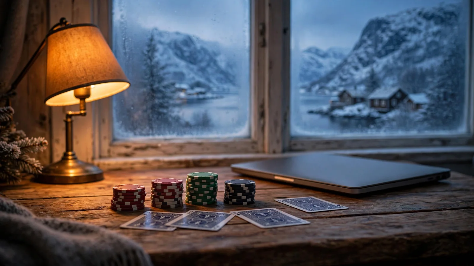 Casinochips og kort på bord ved siden av en lukket bærbar PC, norsk vinterkveld