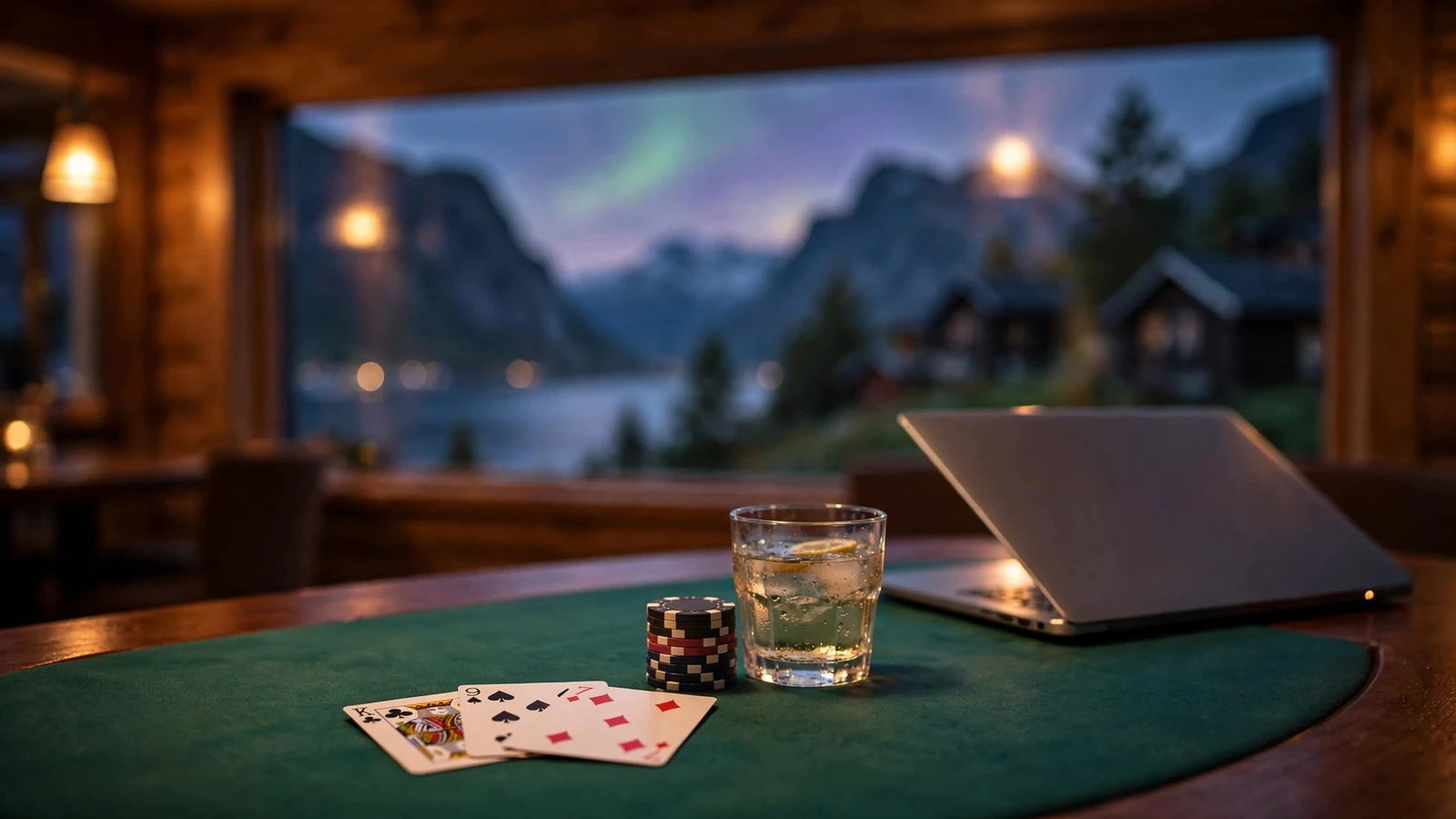Blackjack-bord med kort og jetonger, norsk kveldsstemning