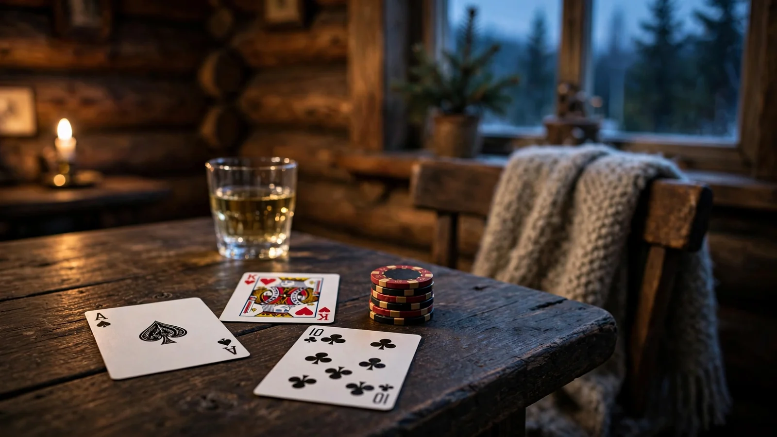 Spillkort, jetonger og akevitt på et trebord i en norsk hytte