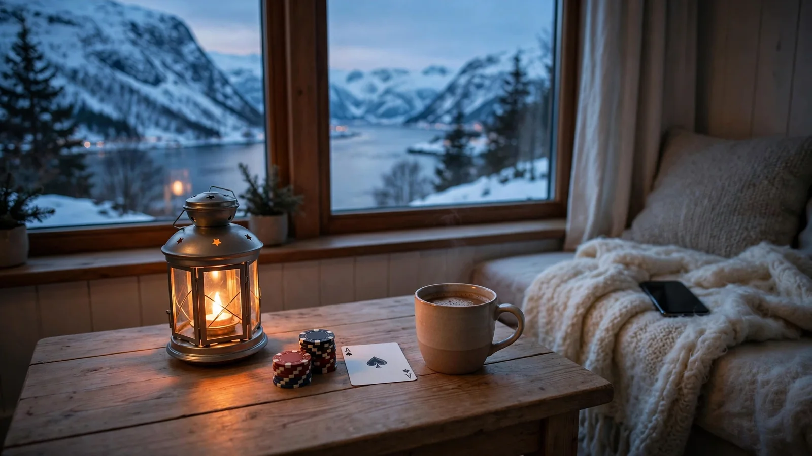Koselig stue med casinojetonger og kort ved siden av en kopp kaffe, norsk fjord i bakgrunnen