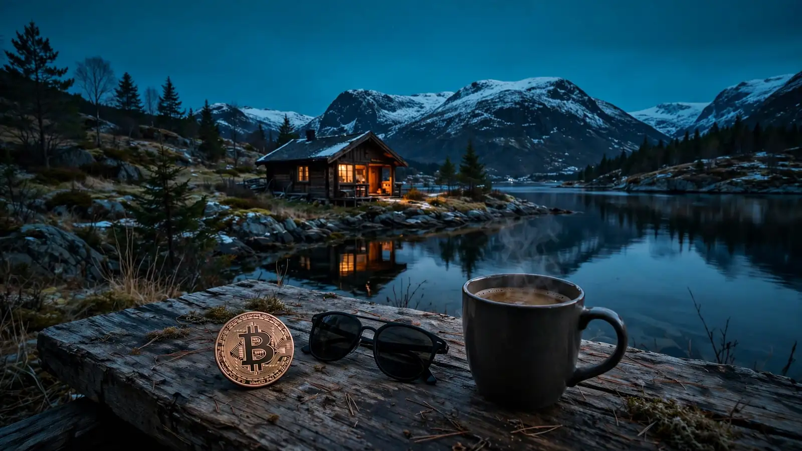 Norsk fjord ved skumring med hytte og Bitcoin-mynt på bordet