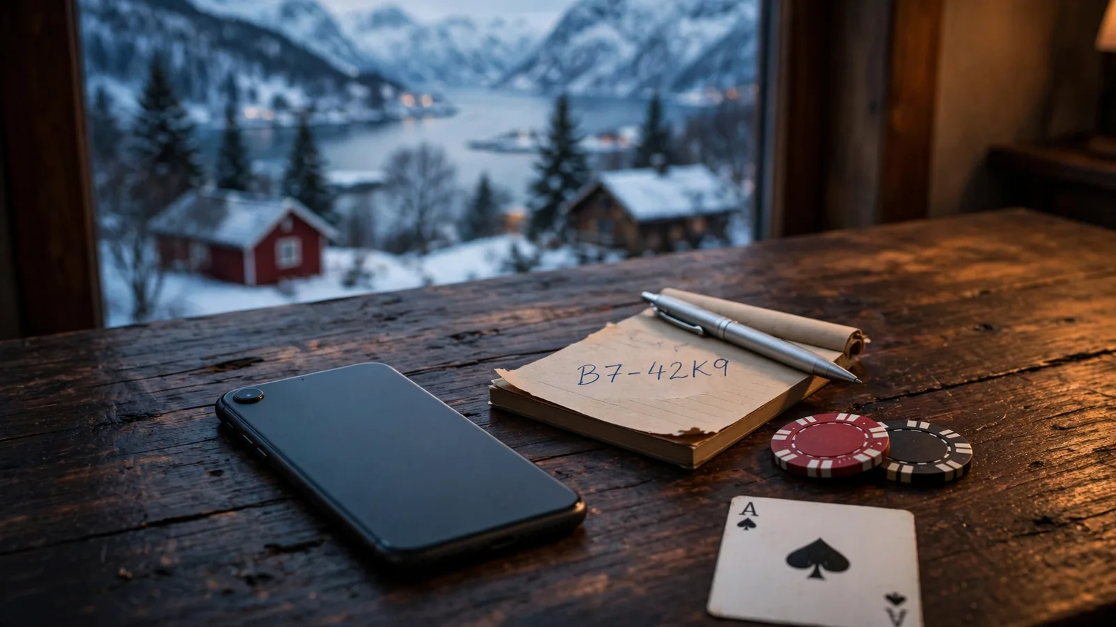 Telefon med bonuskode, jetonger og kort på bord med norsk fjord i bakgrunnen