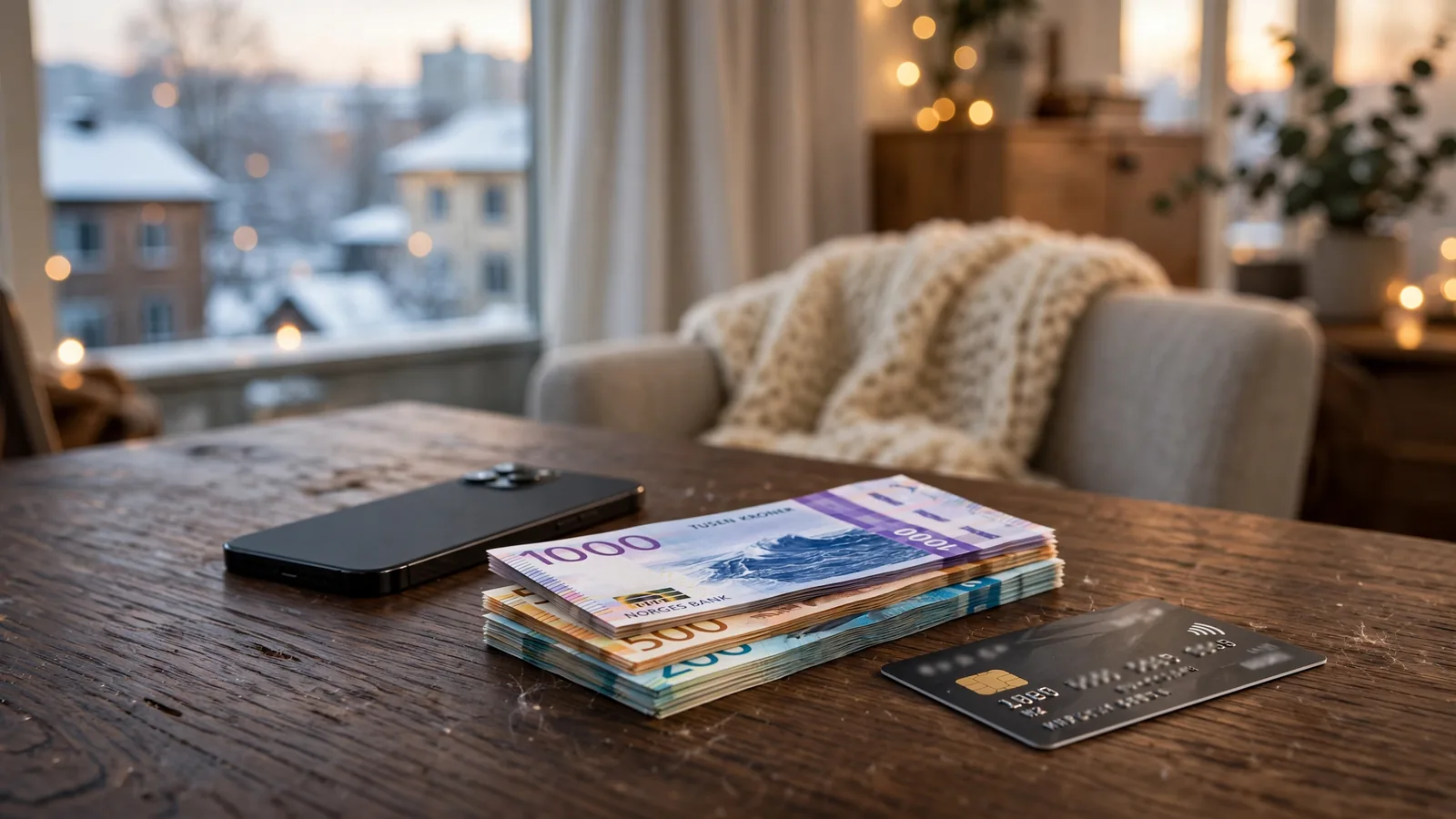 Smartphone med norske kroner sedler på et bord
