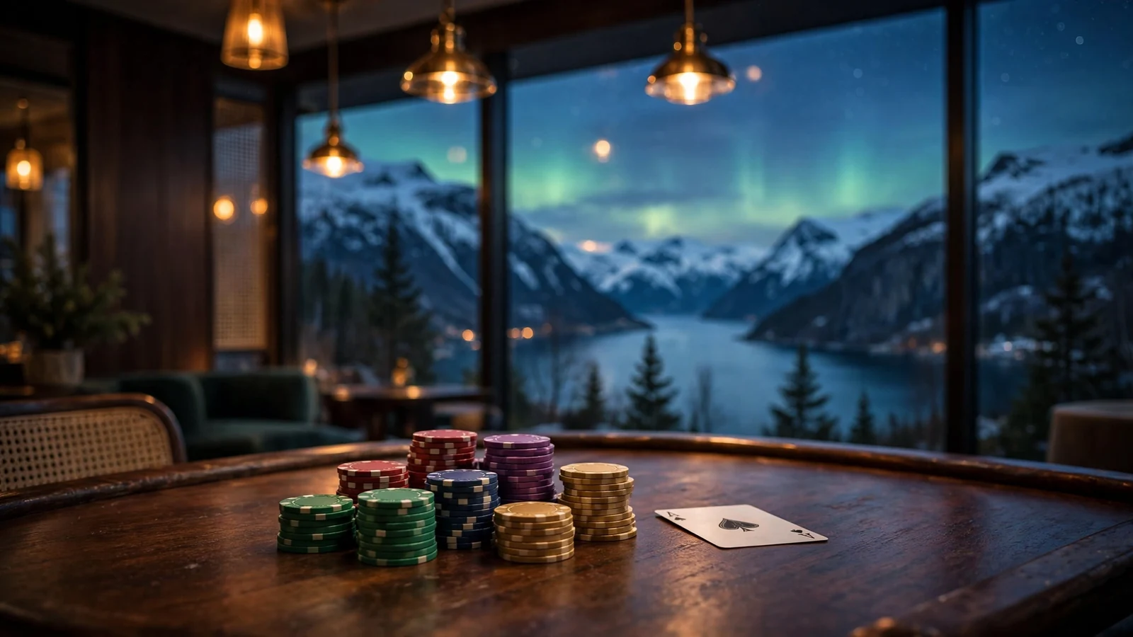 Casino-bord med jetonger og norsk fjordlandskap i bakgrunnen