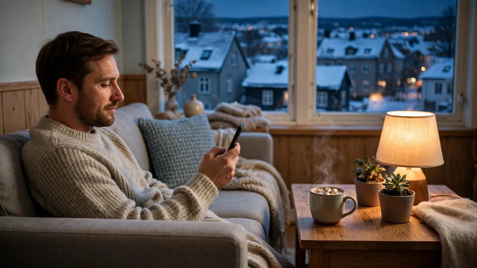 Person som slapper av i norsk stue med mobilen