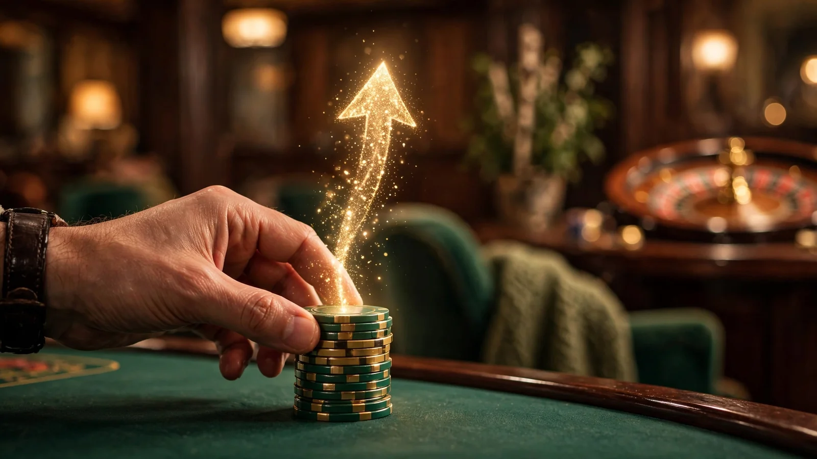 Hånd legger casinobrikker på filtbord i norsk spillhall