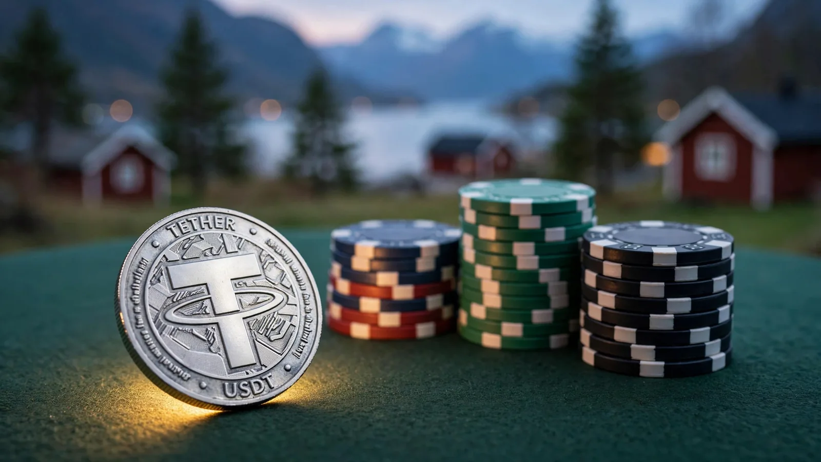 USDT-mynt ved siden av casinobrikker med norsk fjordlandskap i bakgrunnen
