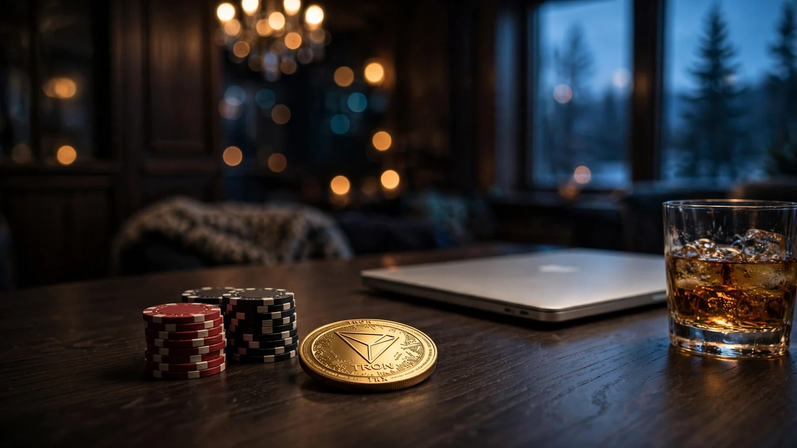 Mørkt casino-bord med jetonger, en TRX-mynt og en lukket bærbar PC
