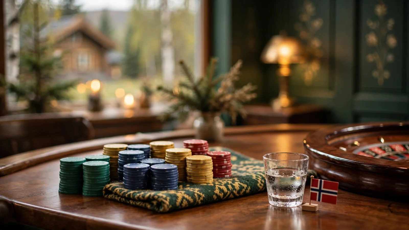 Elegant casinobord med jetonger, ruletthjul og norske detaljer