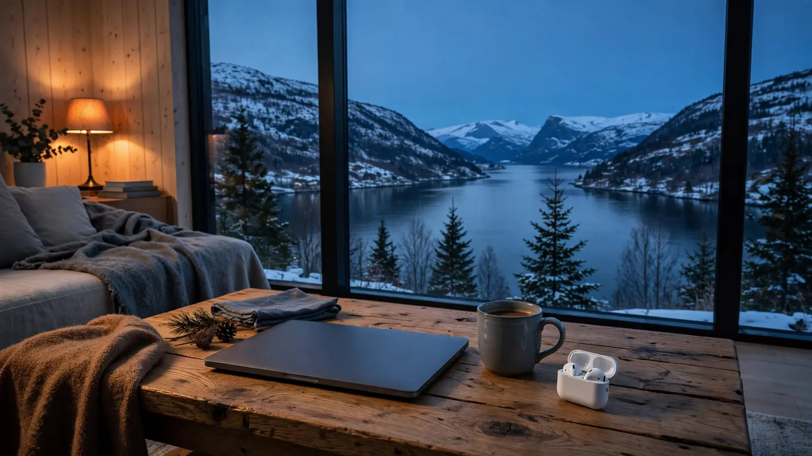 Stengt laptop på et stuebord med utsikt over en norsk fjord i skumringen