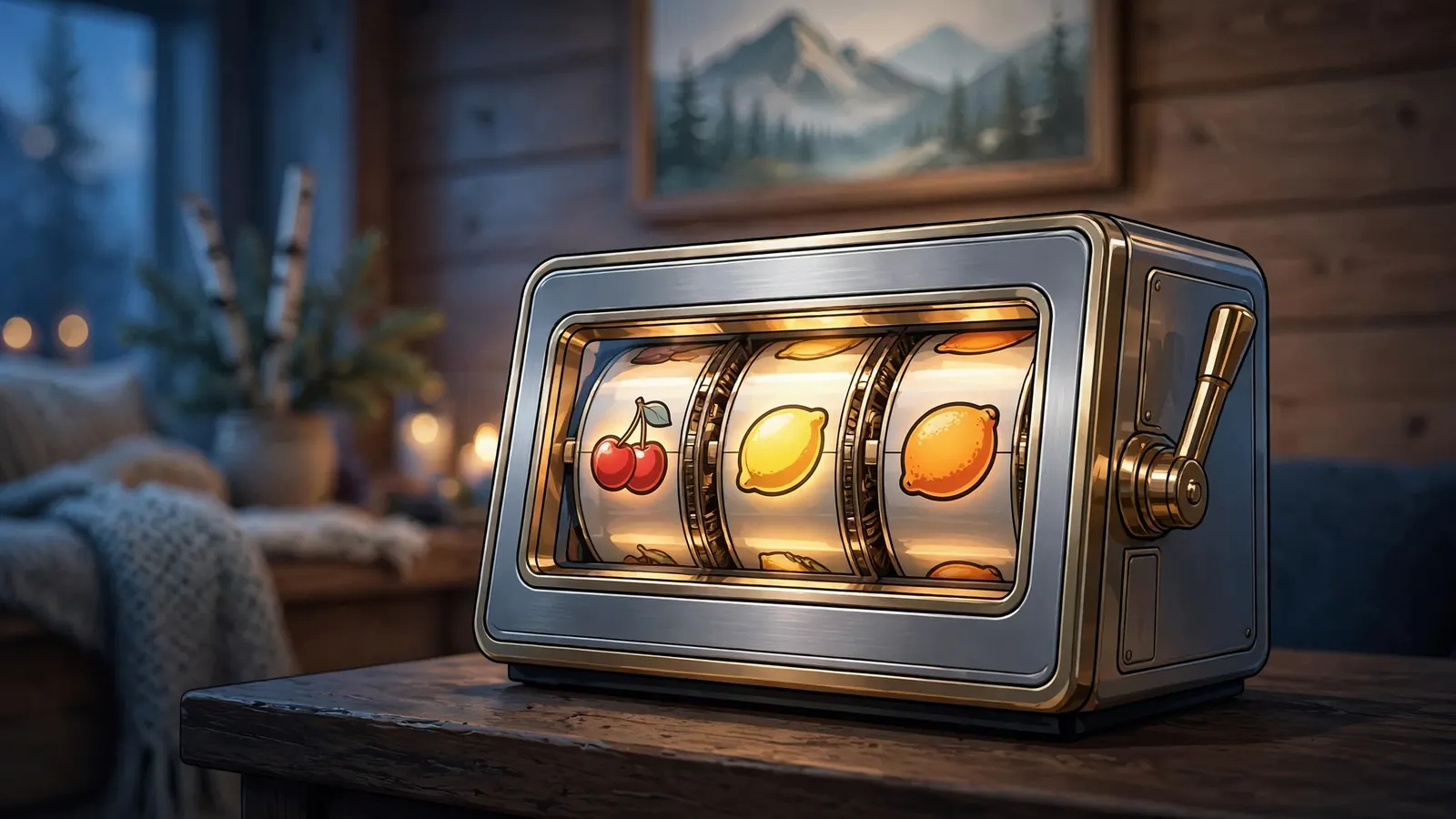 Stilisert illustrasjon av en klassisk spilleautomat med fruktsymboler i et koselig norsk interiør.