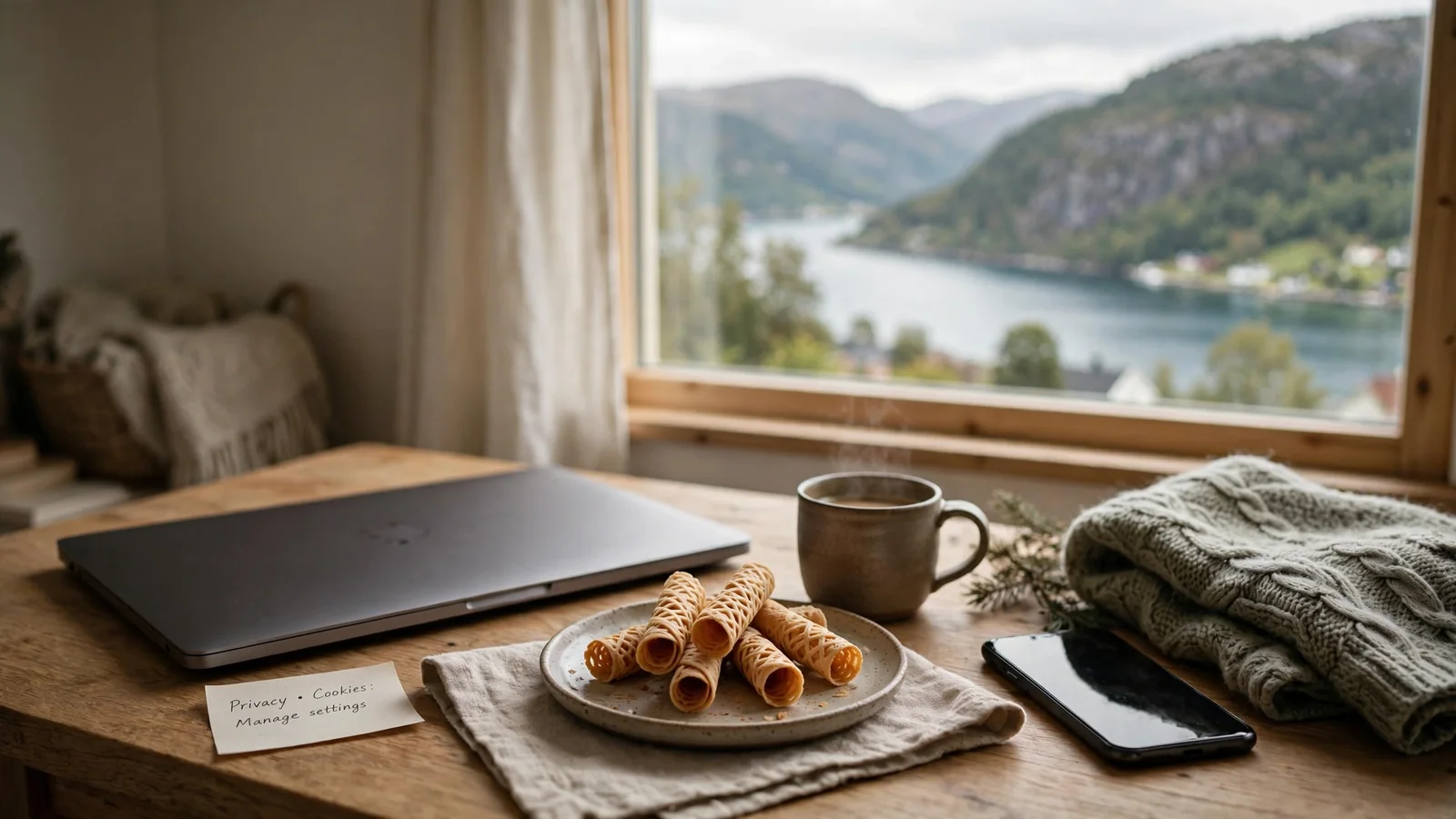 Bord med laptop og norske småkaker ved vindu med fjordutsikt