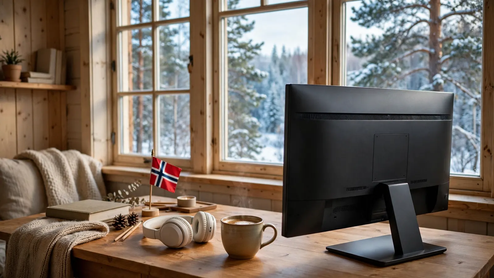 Koselig stue med skjerm på pult, norsk flagg og kaffekopp