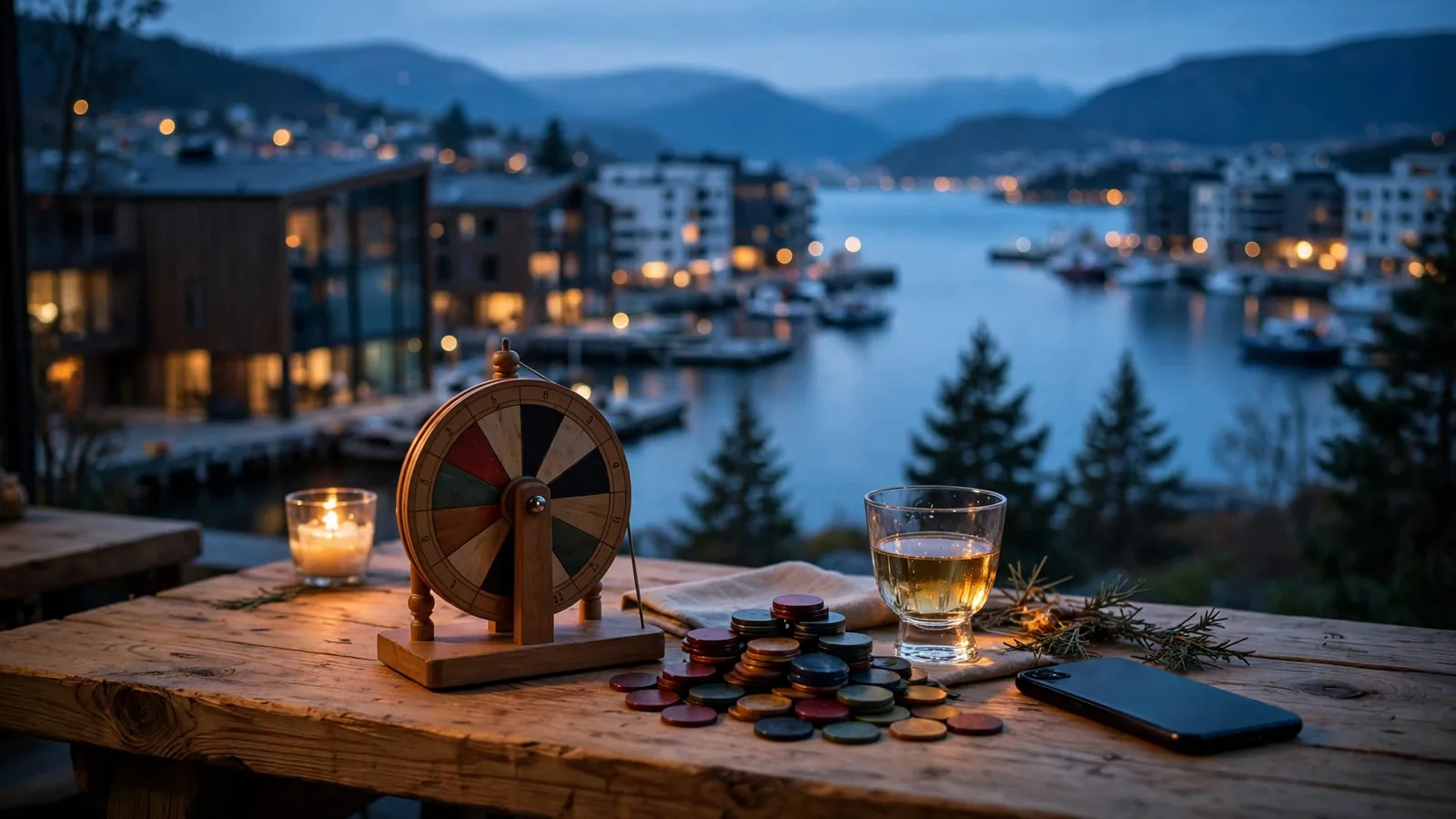 Norsk kveldsstemning med roulettehjul og jetonger ved fjordbredden