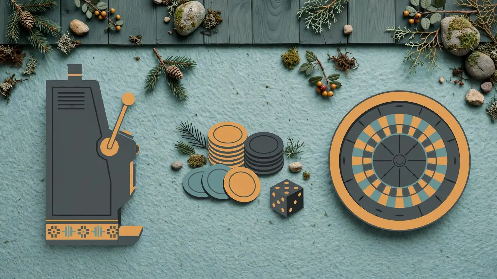 Tre stilleben-illustrasjoner av casinospillkategorier på filtunderlag