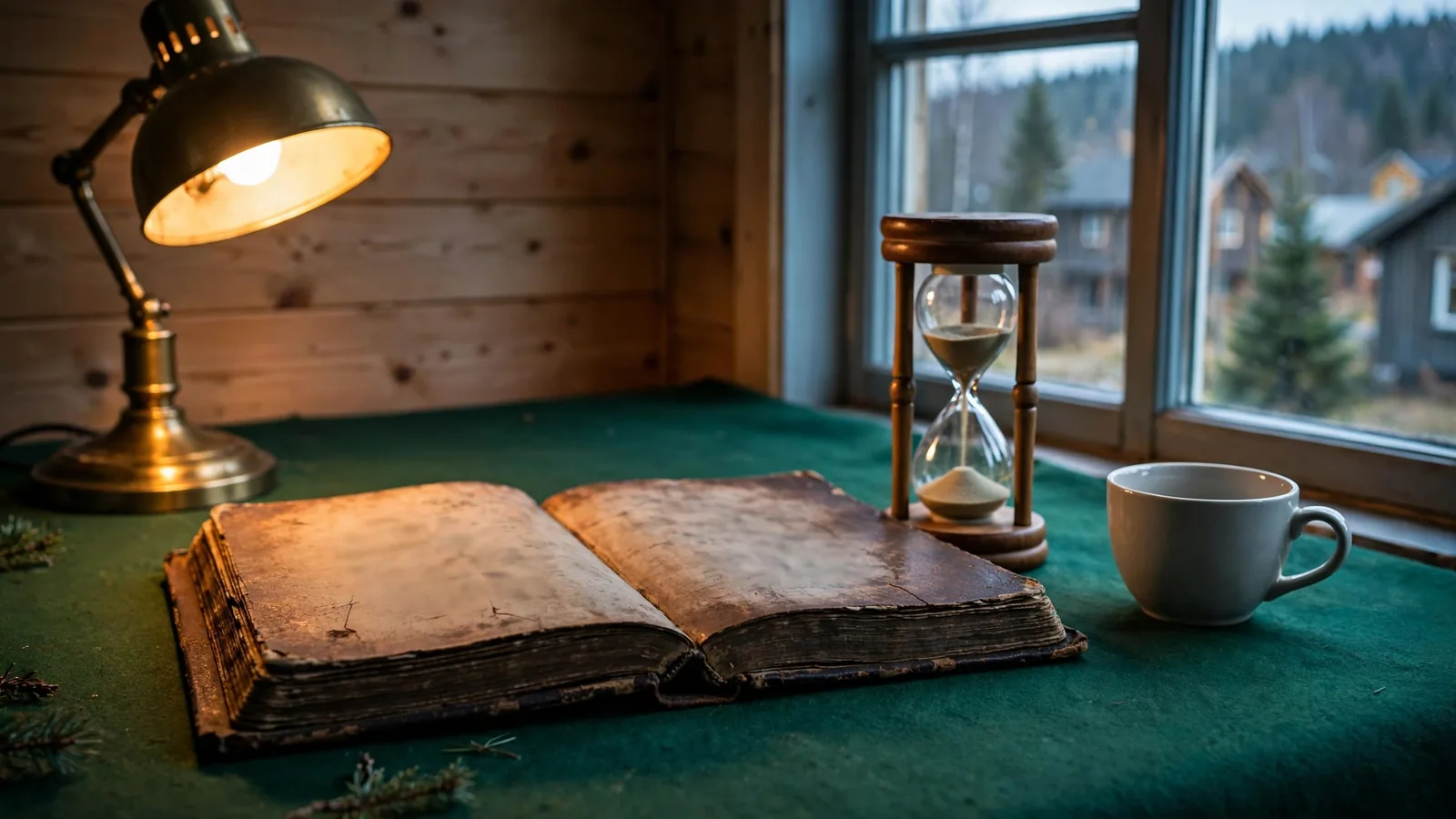 Åpen regelbok, timeglass og kaffekopp på filtbord