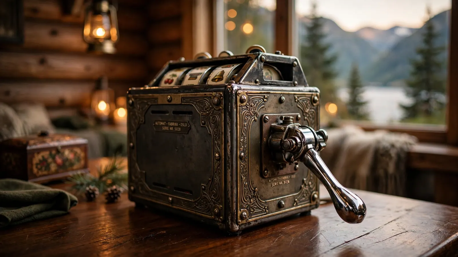 Klassisk mekanisk spilleautomat i varm belysning i en norsk hytte