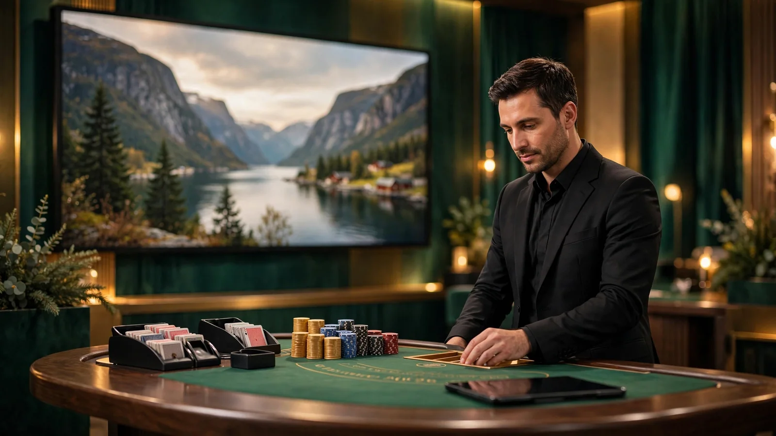 Profesjonell live dealer bak blackjack-bord i moderne studio for norske spillere