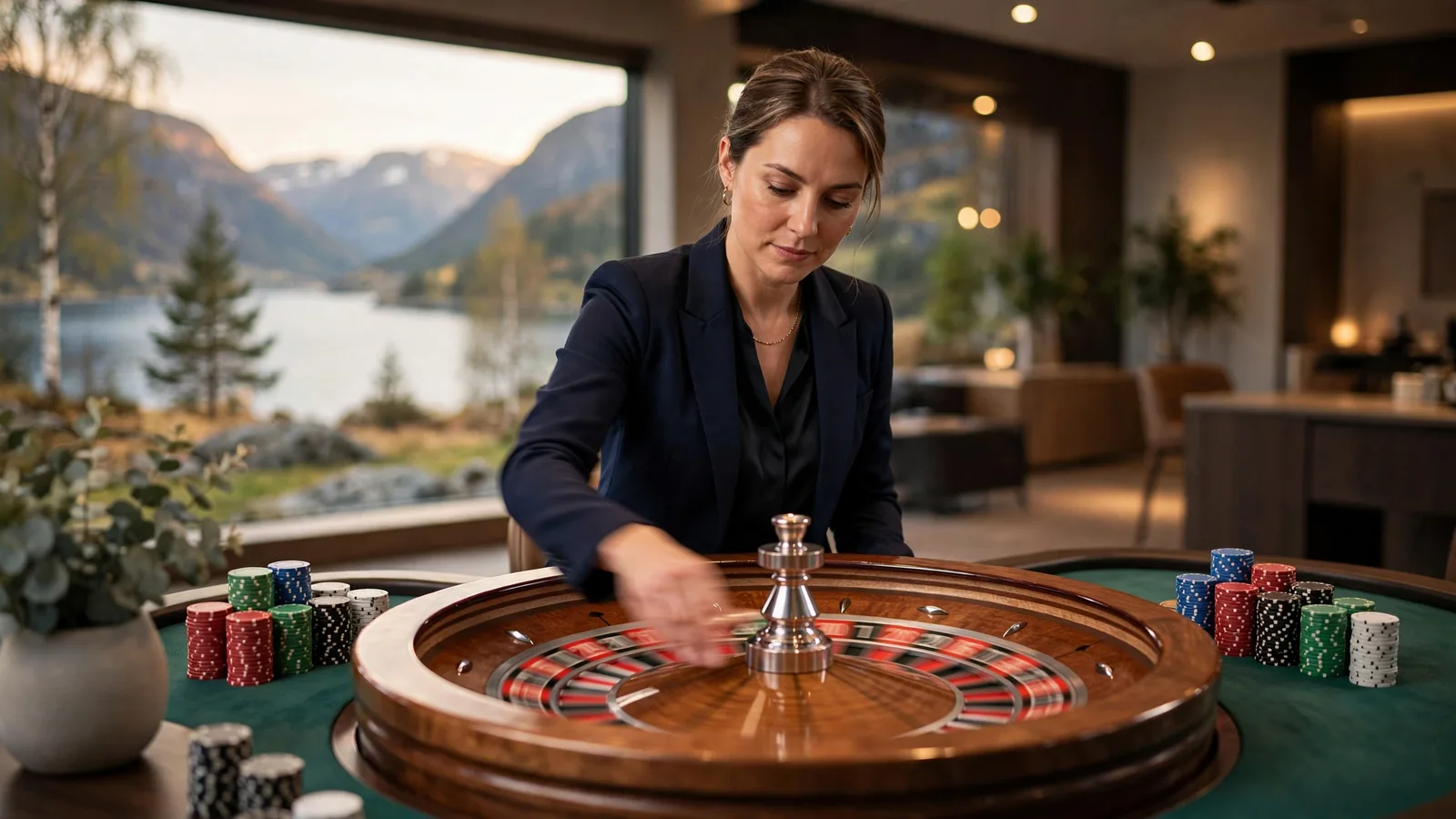 Live roulette-dealer spinner hjulet i et moderne norsk casino-studio