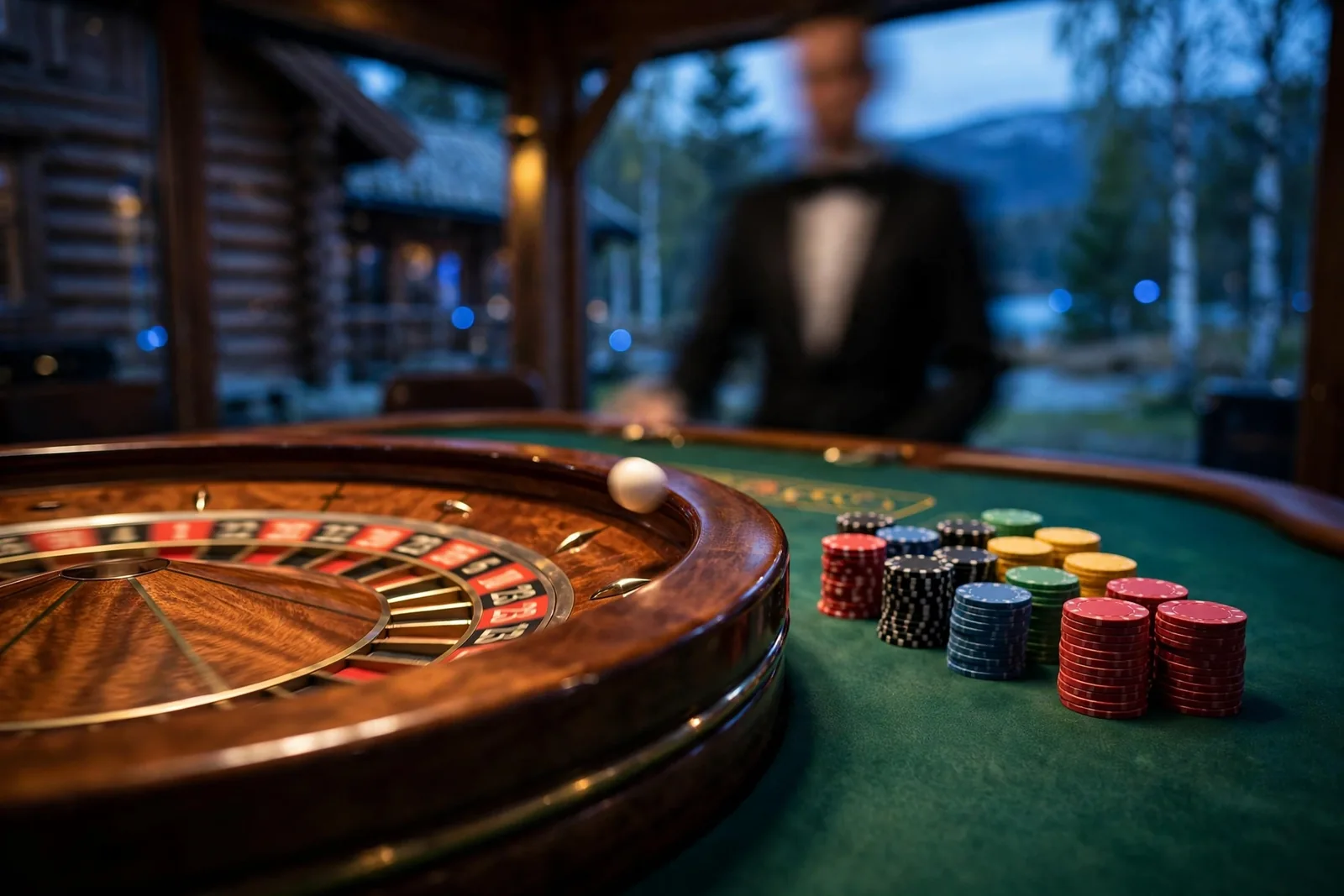Roulettehjul som spinner på et grønt casinobord med stabler av sjetonger og en dealer i bakgrunnen