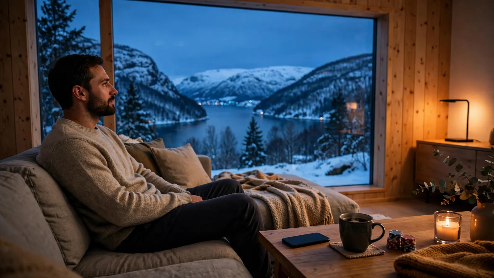 Person med telefon i moderne norsk stue ved skumring