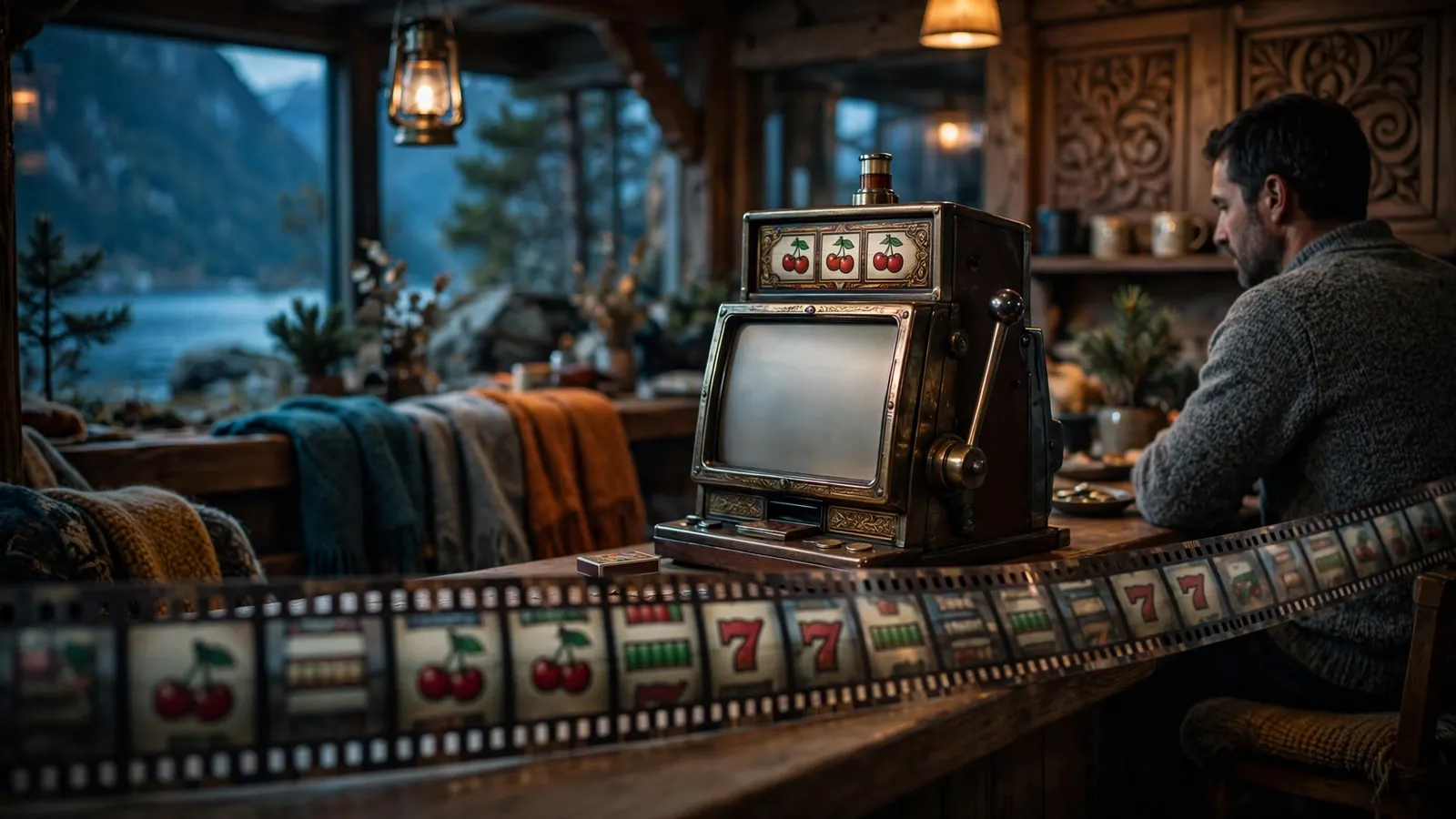 Spilleautomat i norsk lounge, skjermen snudd bort, langfilm som symboliserer mange spinn