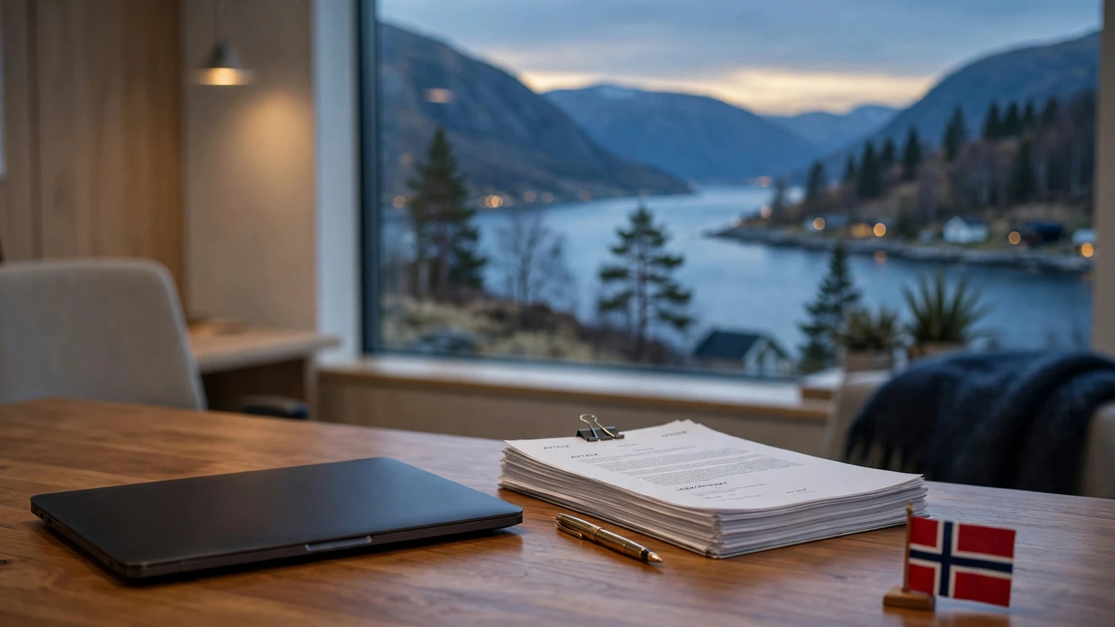 Kontor med norsk fjordutsikt, dokumenter og flagg