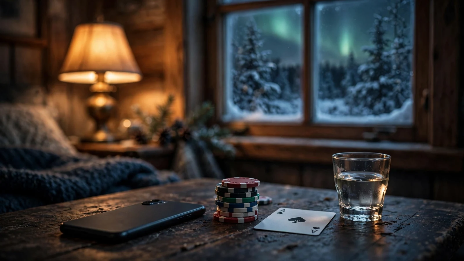 Bord med telefonskjerm vendt ned, jetonger og ess i rolig norsk stue