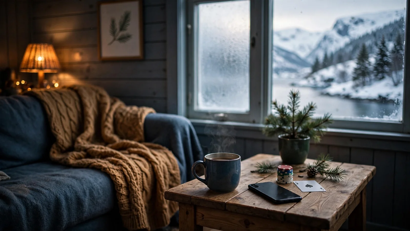 Koselig norsk stue med telefon, kaffe og casinobrikker ved solnedgang over fjord