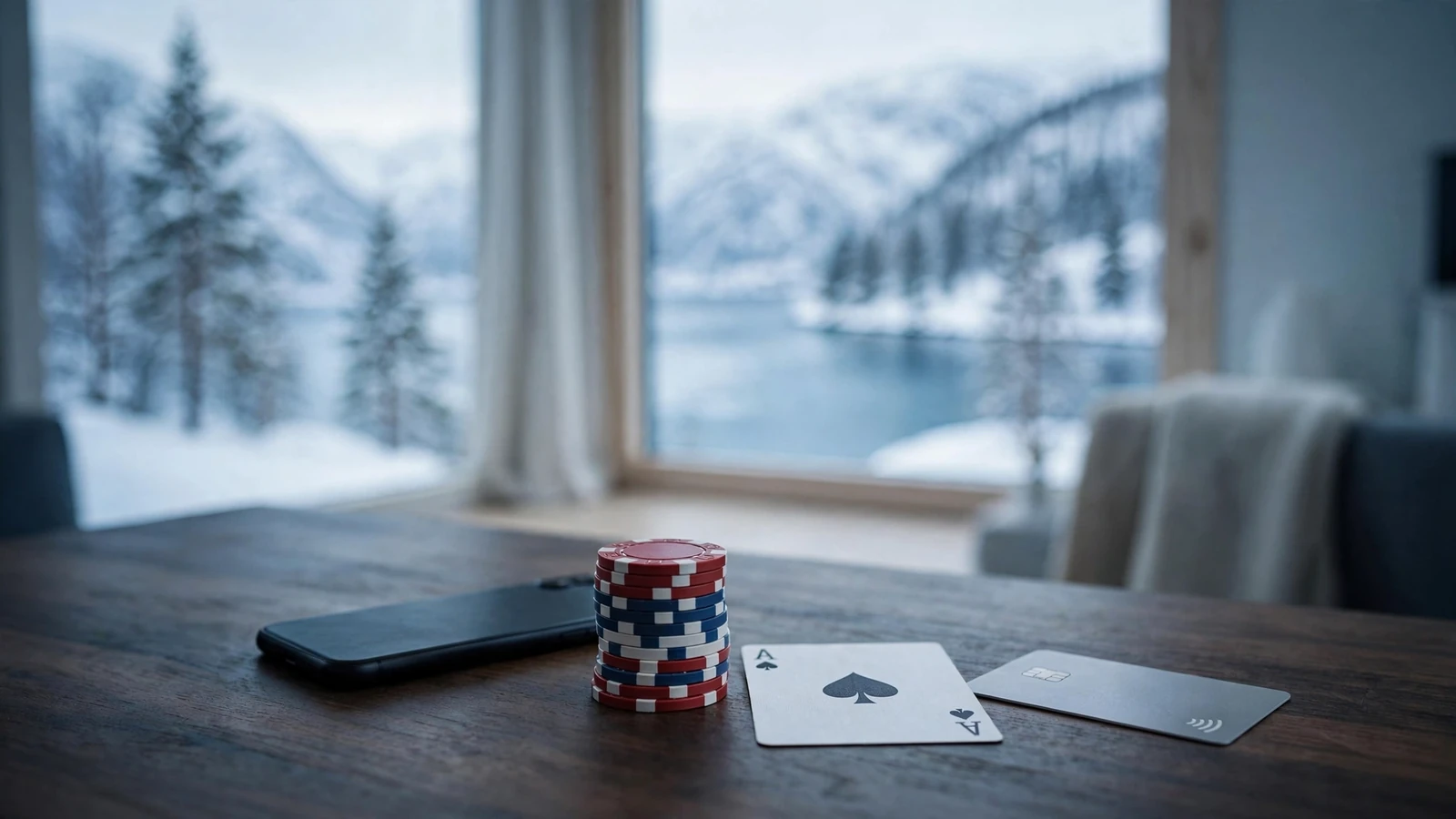 Bord med pokerjetonger, kort og telefon ved et norsk fjordvindu