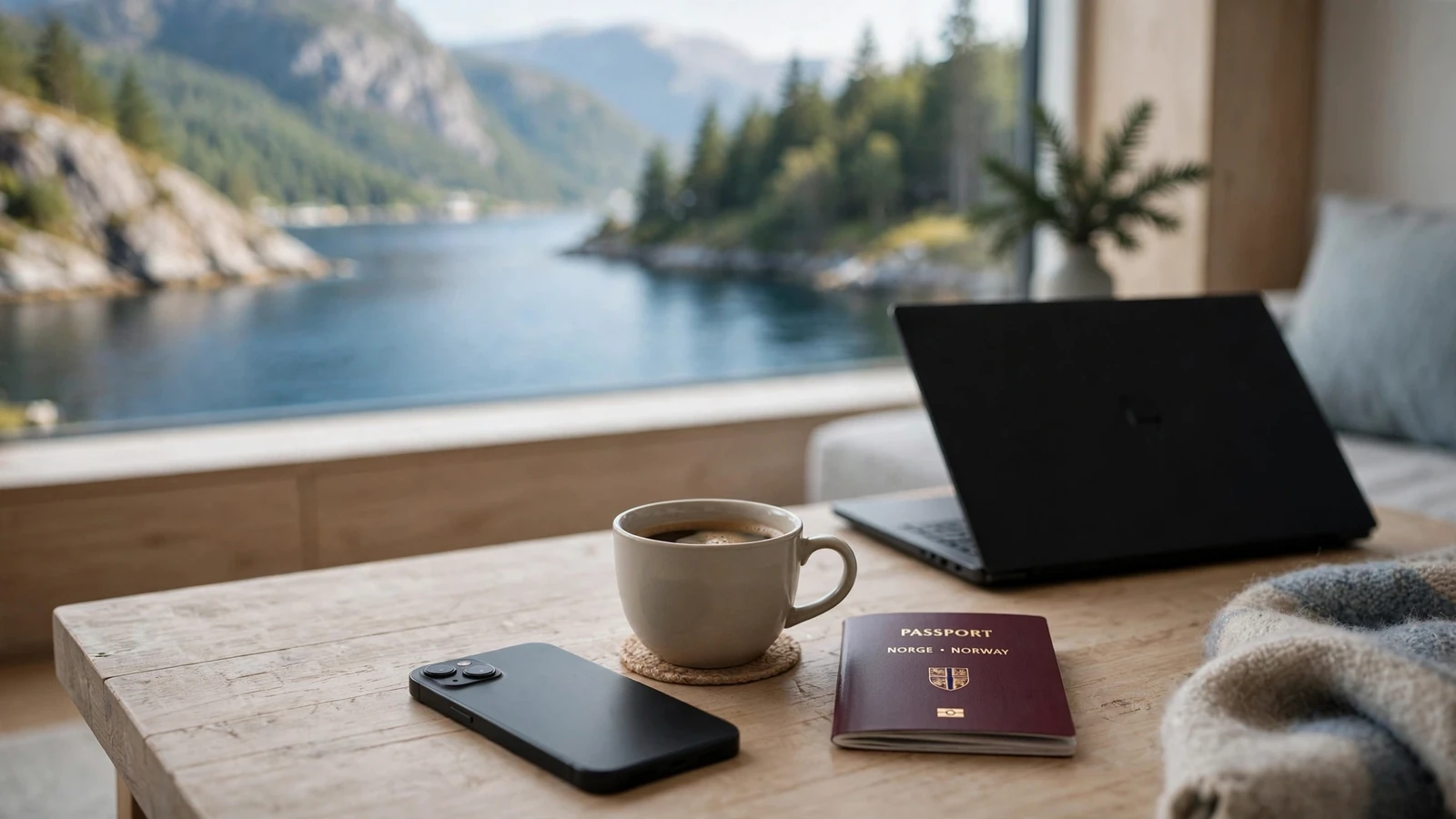 Smarttelefon og laptop på bord i moderne norsk stue med fjordsikt