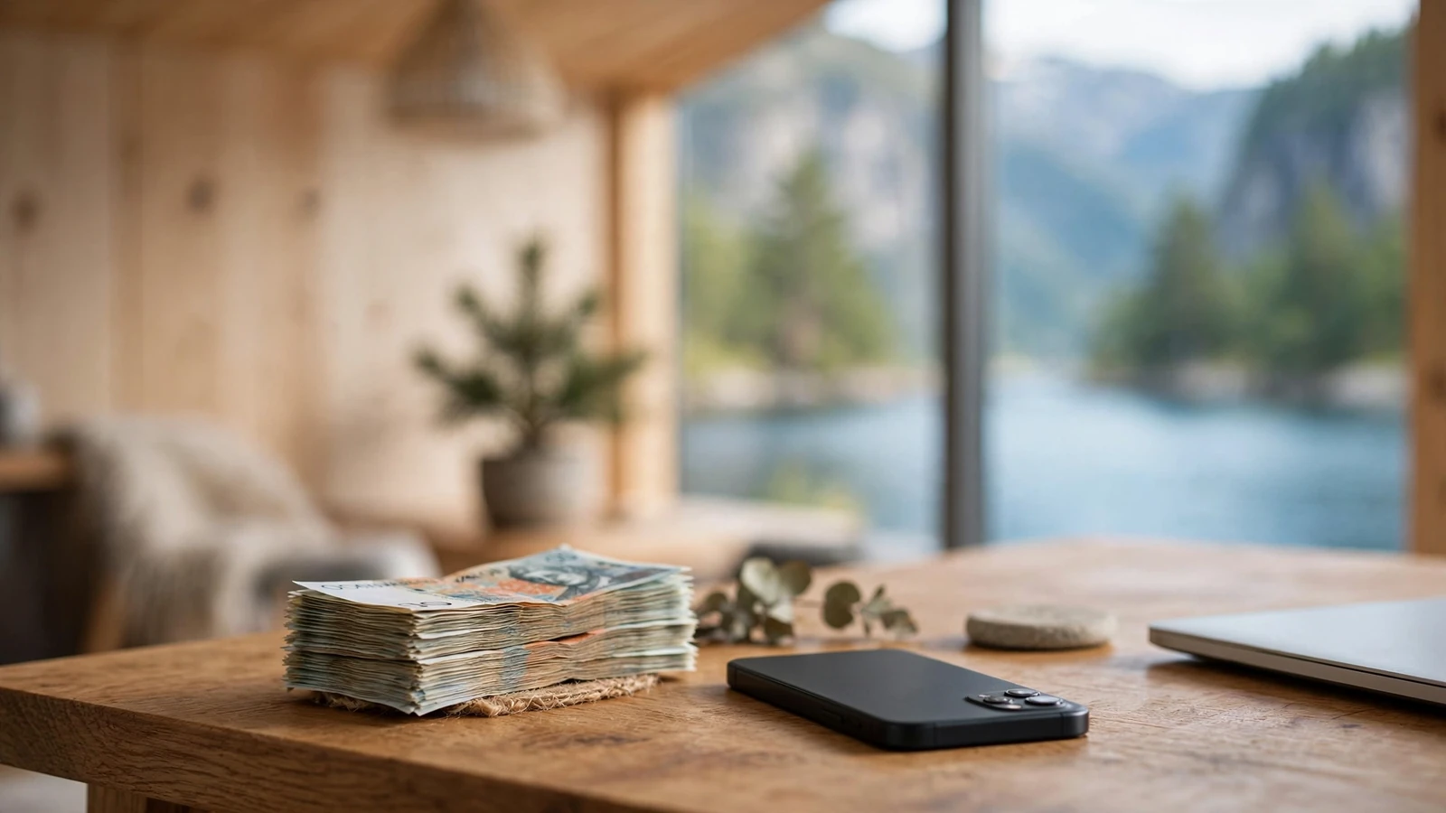 Norske kroner, telefon og laptop ved et skrivebord med norsk fjordlandskap i bakgrunnen