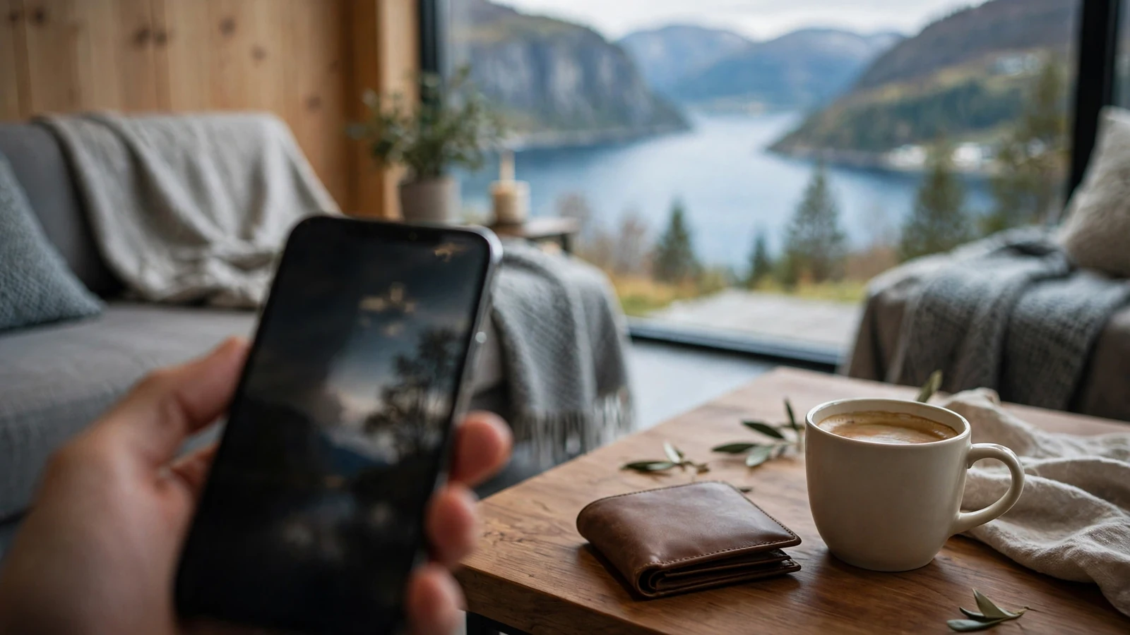 Hånd holder telefon i moderne norsk stue med utsikt over fjord