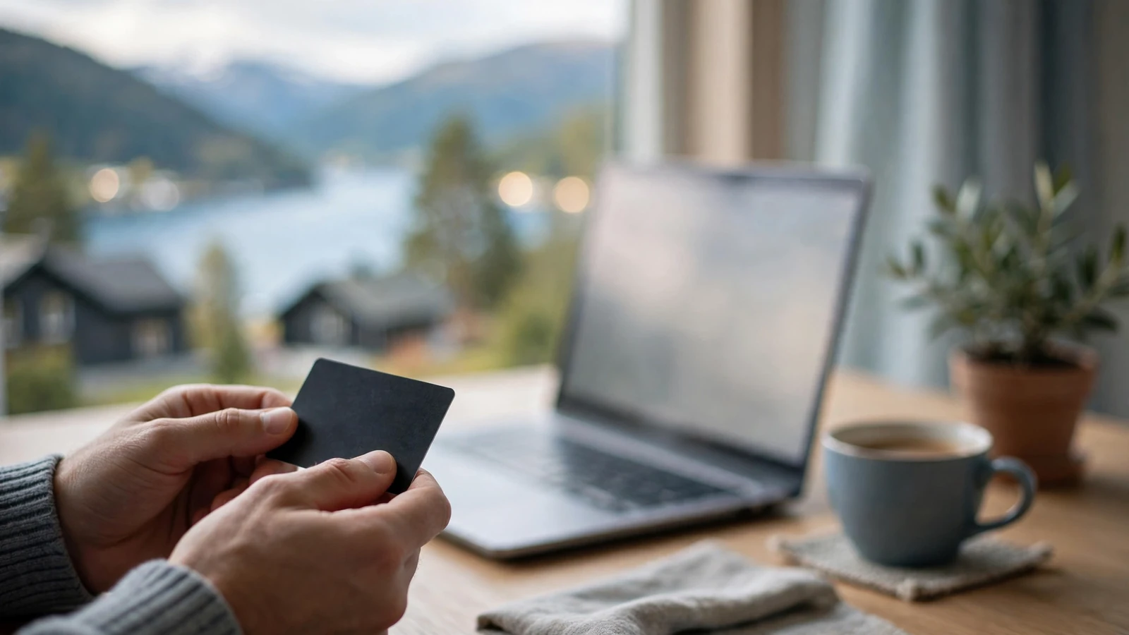 Person med betalingskort ved laptop i moderne norsk hjem